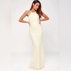 NWT Lulus Zenith Cream Lace Maxi Dress Mermaid Bridal Formal Romantic Small